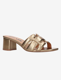 Bronzen sandalen met blokhak en metallic afwerking
