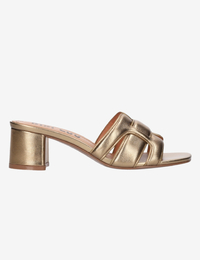 Bronzen sandalen met blokhak en metallic afwerking