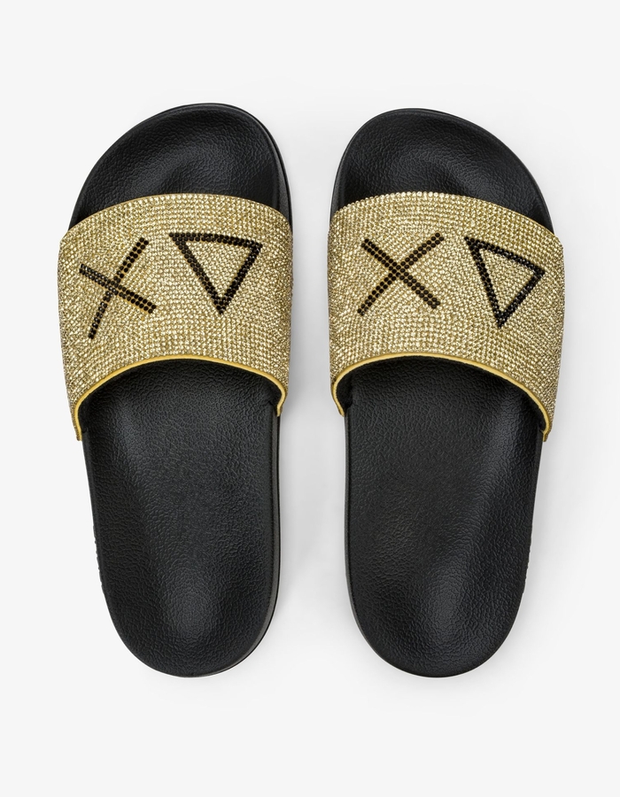 Slippers met strass in zwart en goud