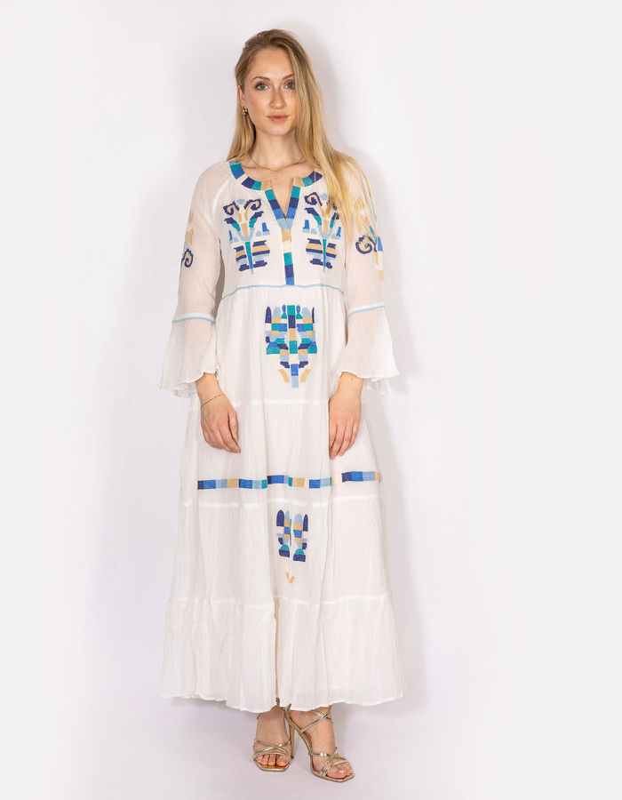 Ecru maxi jurk met borduursels en wijde mouwen