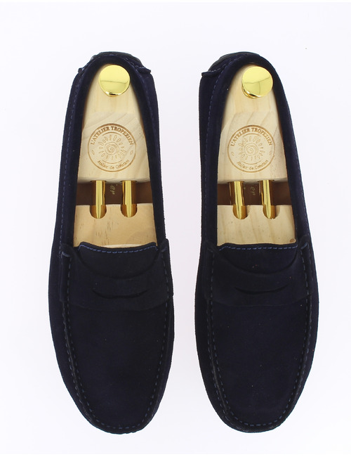 Navy suède loafer met klassieke pennyband