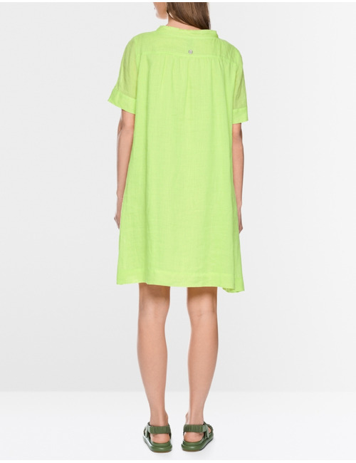 Jurk met korte mouwen in ramee met franjes en V-hals