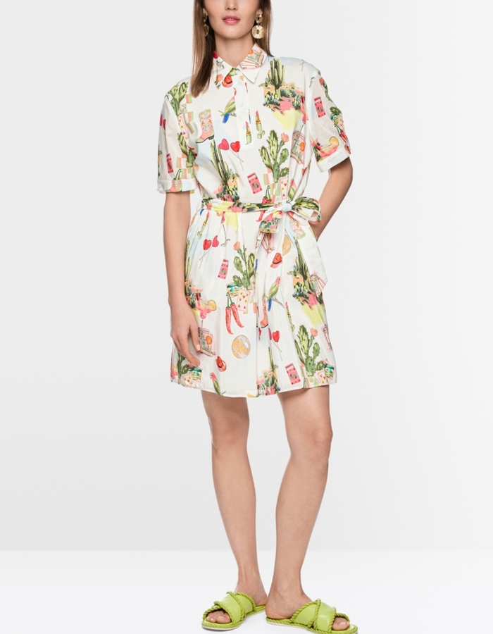 Blousejurk met korte mouwen en riem in katoen-viscosemix