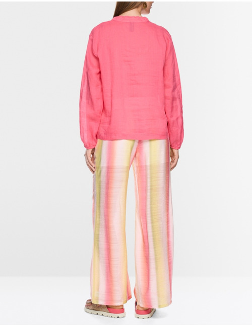 Blouse met lange mouwen in lichte ramee met opstaande kraag