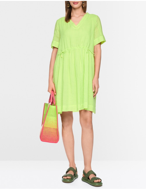 Jurk met korte mouwen in ramee met franjes en V-hals