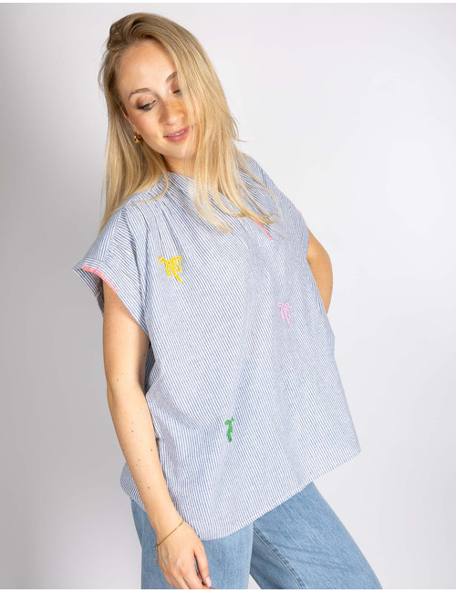 Blauwe gestreepte blouse met borduurdetails en V-hals