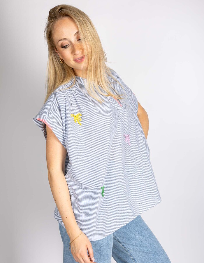 Blauwe gestreepte blouse met borduurdetails en V-hals