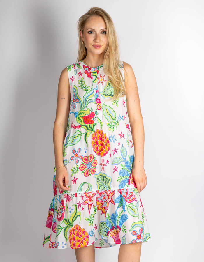 Witte jurk met kleurrijke print en mouwloos design