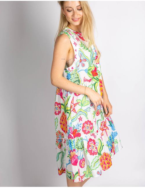 Witte jurk met kleurrijke print en mouwloos design