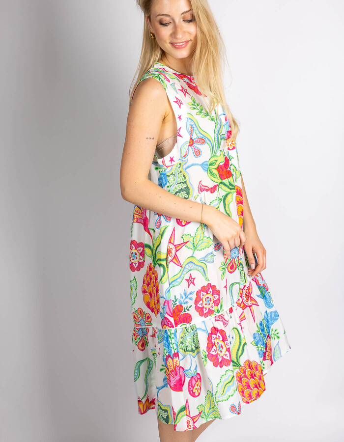 Witte jurk met kleurrijke print en mouwloos design