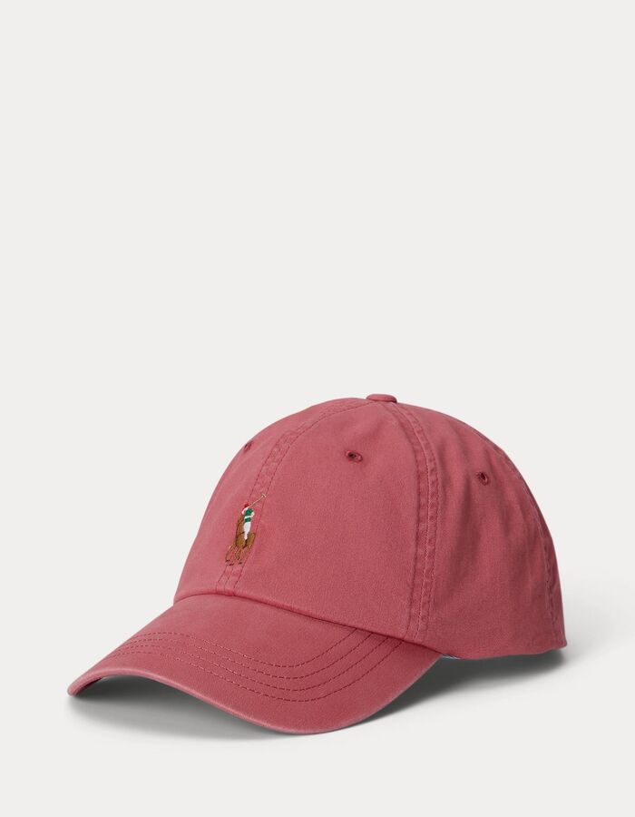 Rode stretch katoenen twill pet met geborduurd logo