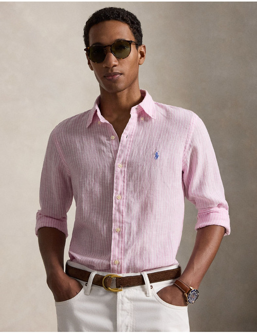 Roze-wit gestreept linnen hemd in custom fit