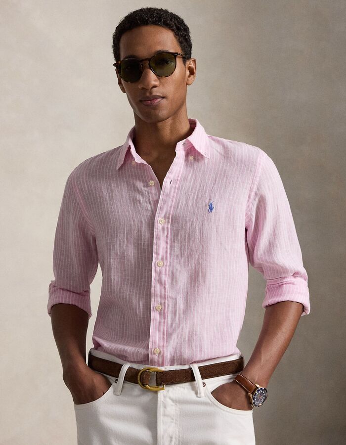 Roze-wit gestreept linnen hemd in custom fit