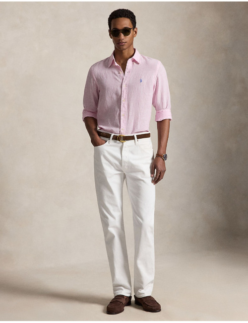 Roze-wit gestreept linnen hemd in custom fit