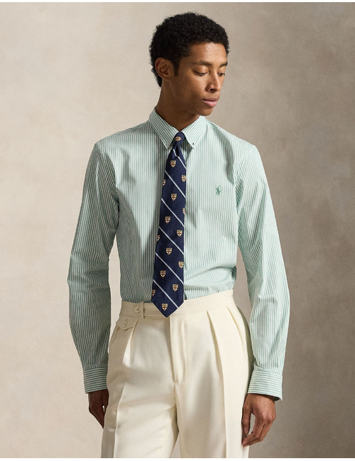 Groen-wit gestreept slim fit hemd in stretch poplin