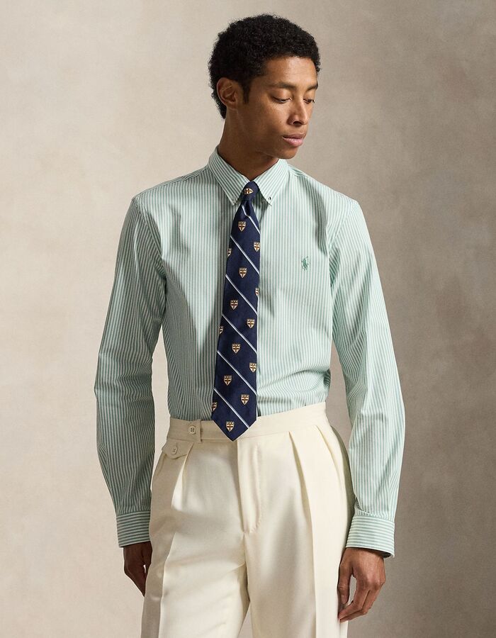 Groen-wit gestreept slim fit hemd in stretch poplin