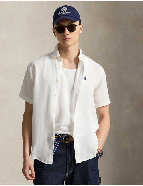 Wit linnen hemd met korte mouwen in custom fit