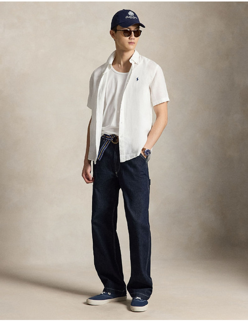 Wit linnen hemd met korte mouwen in custom fit