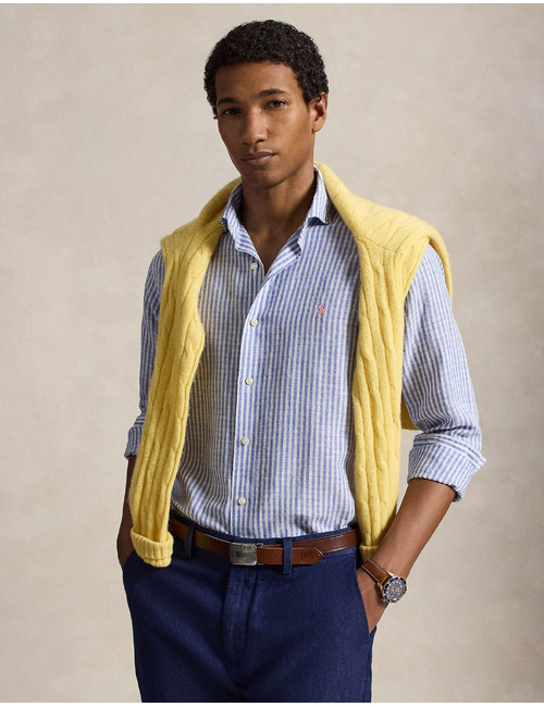 Blauw-wit gestreept seersucker hemd in katoen-linnen mix