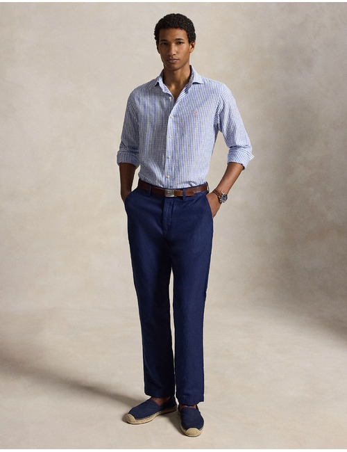 Blauw-wit gestreept seersucker hemd in katoen-linnen mix