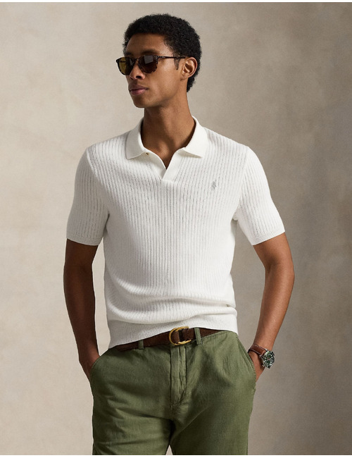 Witte ribgebreide katoenen polo sweater met korte mouwen