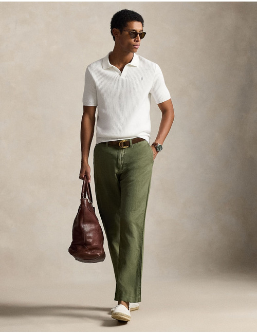 Witte ribgebreide katoenen polo sweater met korte mouwen