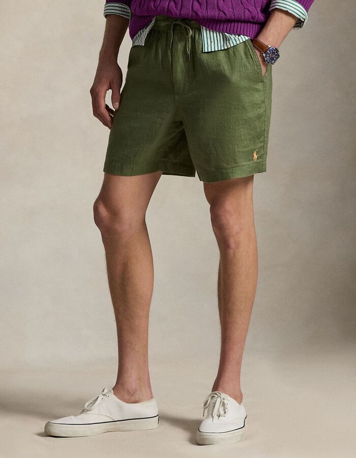 Groene linnen short met trekkoord en 6 inch lengte