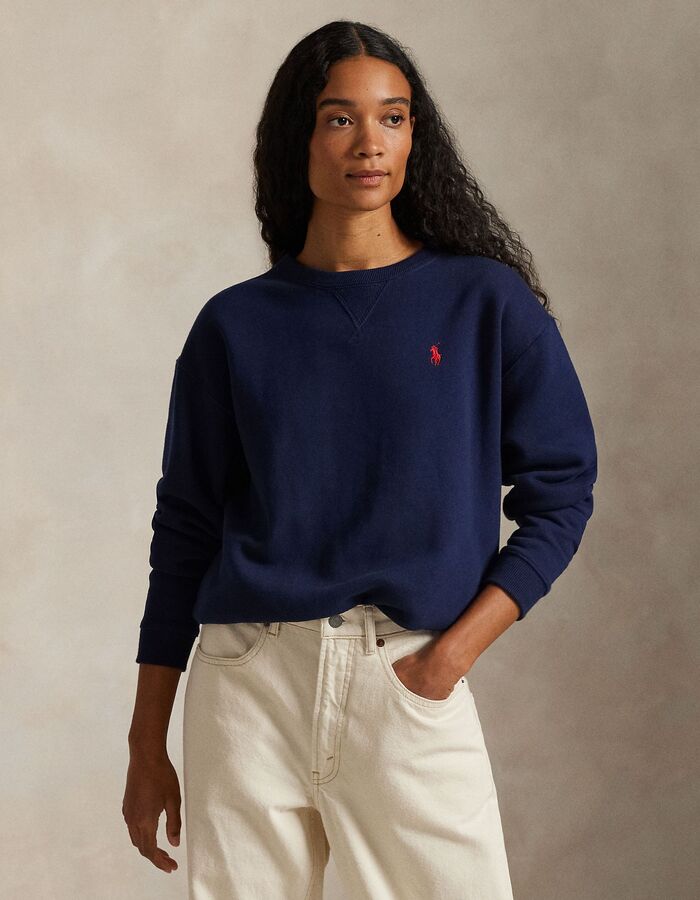 Fleece crewneck sweatshirt in navy met relaxed pasvorm