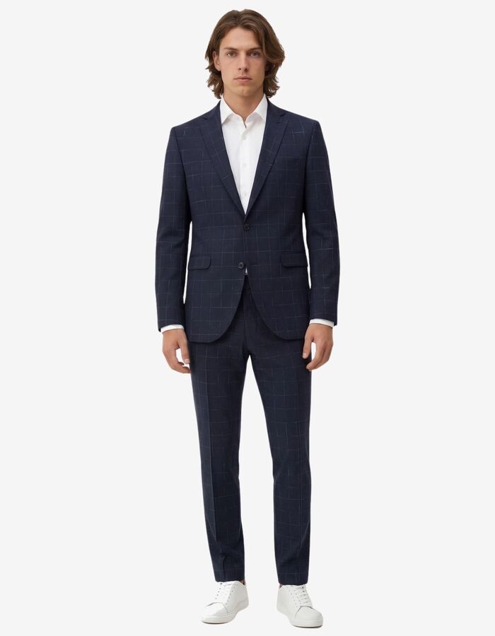 CG Cedric slim fit geruite kostuumbroek met stretch – donkerblauw