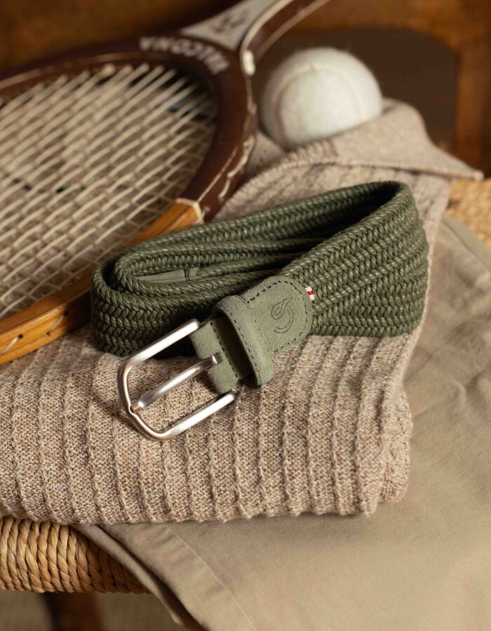 Veneto gevlochten waxed cotton stretch riem met suède details in truffle green