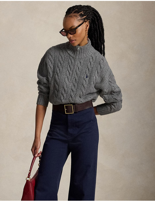 Kabelgebreide half zip sweater in wol en kasjmier