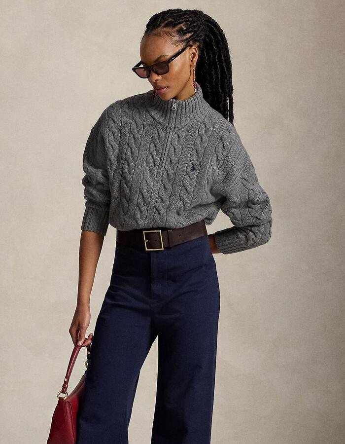 Kabelgebreide half zip sweater in wol en kasjmier