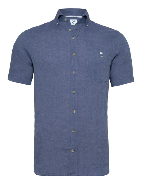 Blauw linnenmix overhemd met korte mouwen