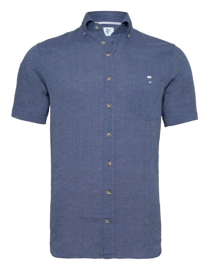 Blauw linnenmix overhemd met korte mouwen