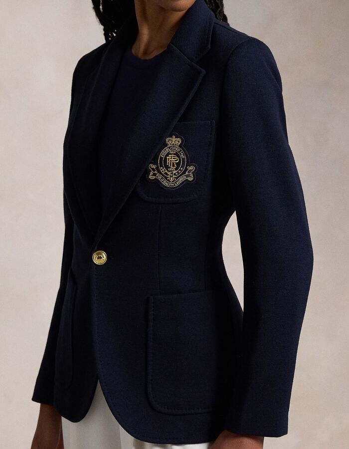 Single-breasted logo-crest knit blazer - gebreide blazer met logobadg