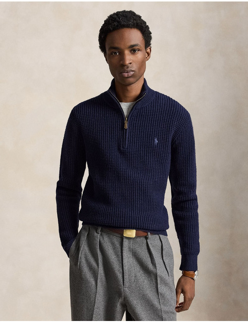 Wafelgebreide wollen katoenen quarter zip trui regular fit