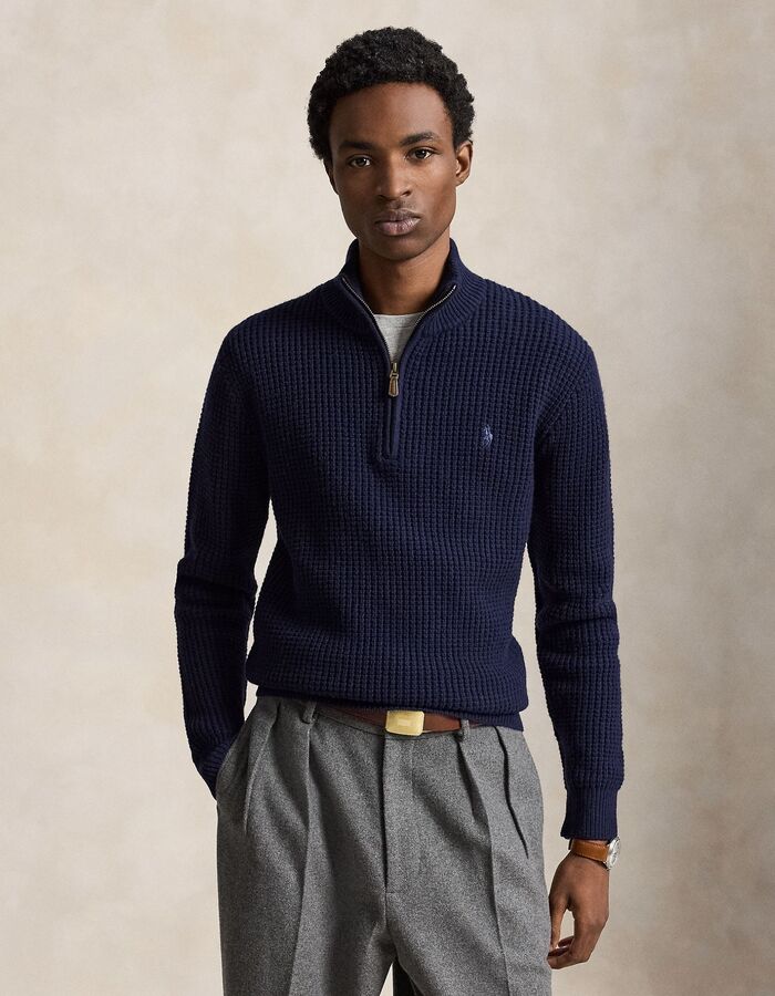 Wafelgebreide wollen katoenen quarter zip trui regular fit