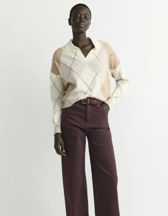 Sandrine - Pull polo à carreaux en mélange de laine et cachemire