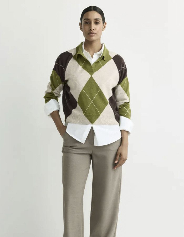 Sandrine - Pull polo à carreaux en mélange de laine et cachemire