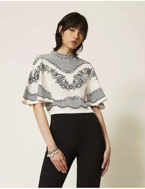 Jacquard satijnen blouse met bloemen en polkadotprint