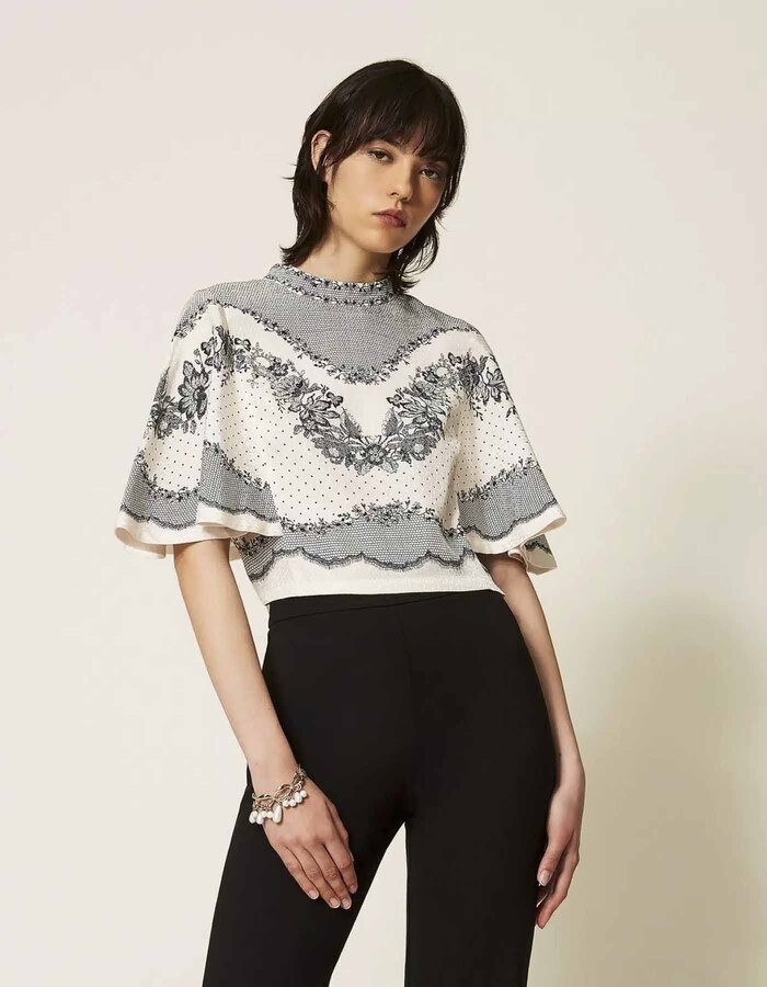 Blouse en satin jacquard avec imprimé fleurs et pois