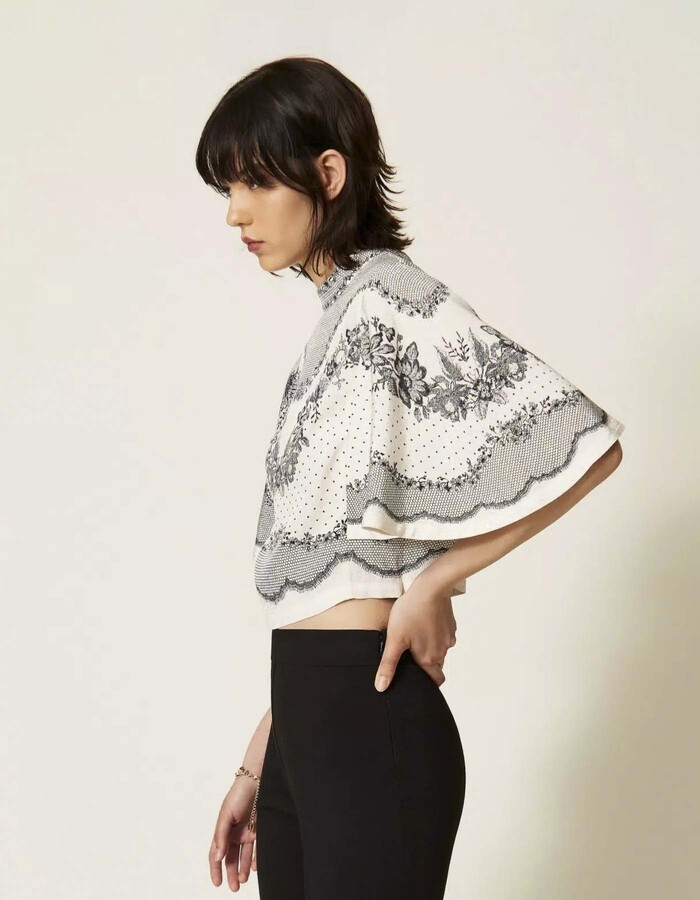 Blouse en satin jacquard avec imprimé fleurs et pois