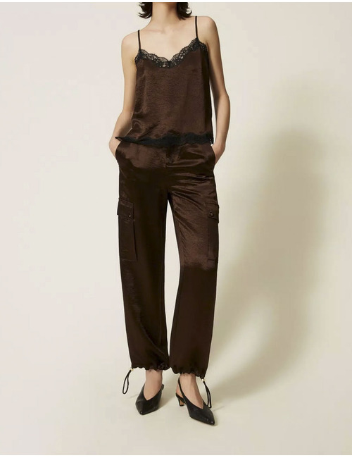 Pantalon cargo en satin froissé darkness brown
