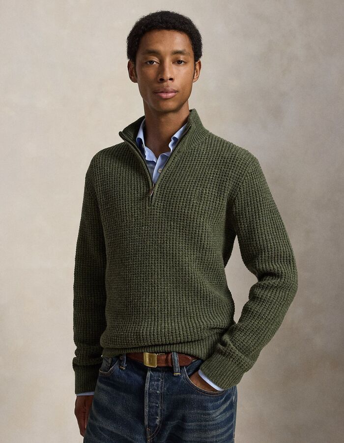 Waffle-knit wollen katoenen trui met quarter zip