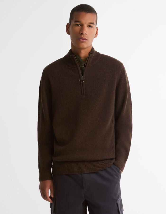 Half zip gebreide trui met tartan elleboogpatches
