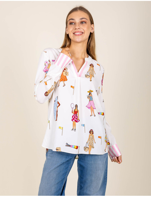 Blouse à imprimé estival ludique avec détails roses