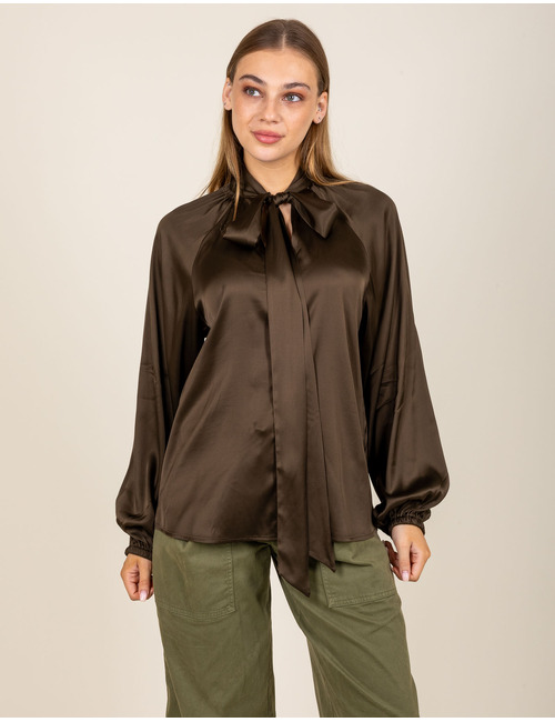 Blouse met strikkraag in bruin