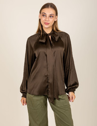 Blouse met strikkraag in bruin
