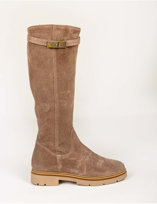 Lange suède laarzen in taupe met decoratieve gesp