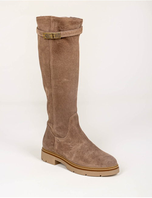 Lange suède laarzen in taupe met decoratieve gesp